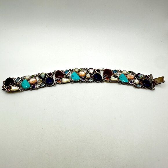 7.5" Mult-gemstone and shell stamped sterling silver bracelet! - Picture 1 of 14